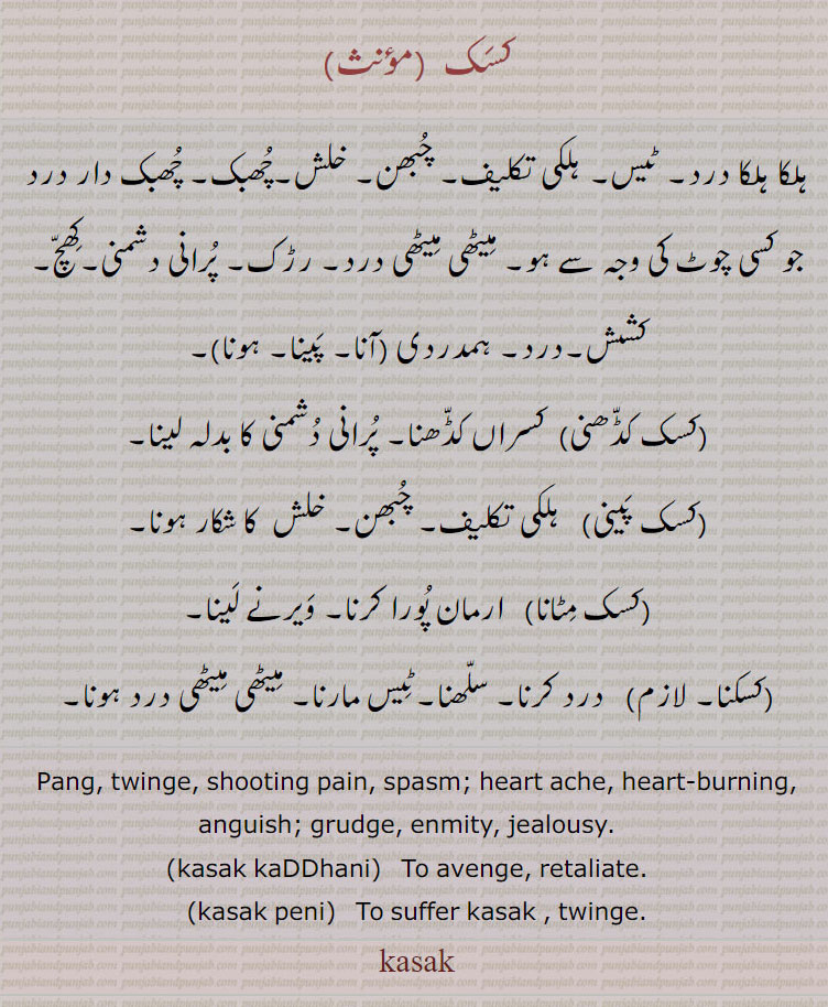 کسک ,ہلکا ہلکا درد۔ ٹیس۔ ہلکی تکلیف۔ چبھن۔ خلش۔چھبک۔ چھبک دار درد جو کسی چوٹ کی وجہ سے ہو۔ میٹھی میٹھی درد۔ رڑک۔ پرانی دشمنی۔کھچ۔ کشش۔درد۔ ہمدردی (آنا۔ پینا۔ ہونا),کسک کڈھنی, کسراں کڈھنا۔ پرانی دشمنی کا بدلہ لینا,کسک پینی,  ہلکی تکلیف۔ چبھن۔ خلش  کا شکار ہونا,کسک مٹانا,  ارمان پورا کرنا۔ ویرنے لینا,کسکنا,  درد کرنا۔ سلھنا۔ٹیس مارنا۔ میٹھی میٹھی درد ہونا۔
Pang, twinge, shooting pain, spasm; heart ache, heart-burning, anguish; grudge, enmity, jealousy.  ,kasak kaDDhani,   To avenge, retaliate.   ,kasak peni,   To suffer kasak , twinge.
kasak,کسک, kusak, ਕੁਸਕ, kuskana,ਕੁਸਕਣਾ, کسکنا , کسکن,کسک لگنا, ,کسک,kasak, ਕਸਕ, kasak kaDDhani, ਕਸਕ ਕੱਢਣੀ, kasak peni, ਕਸਕ ਪੈਣੀ 