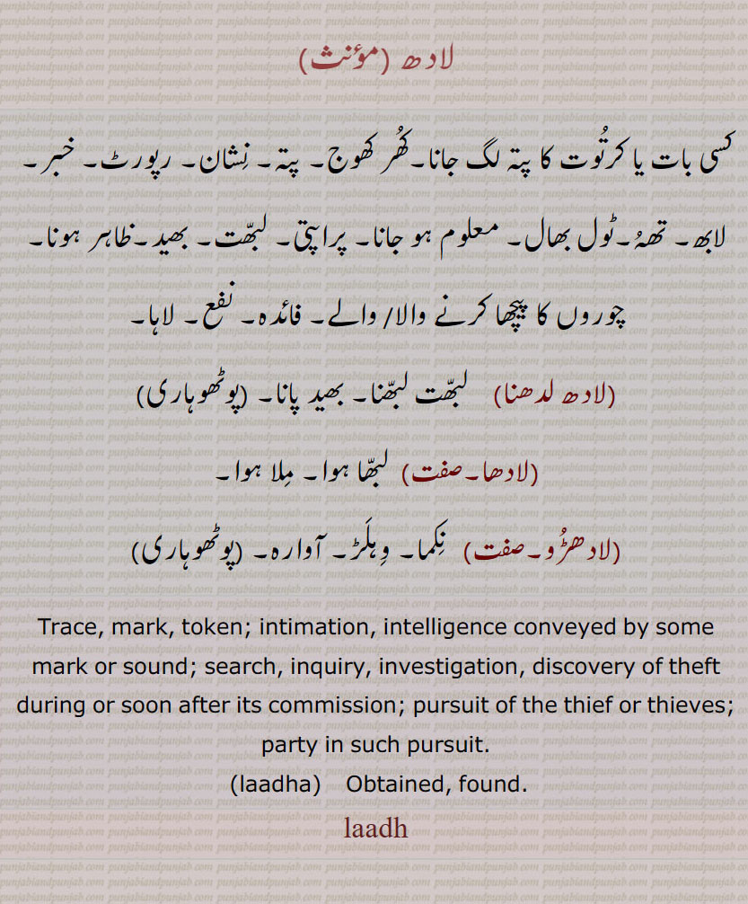 لادھ ,کسی بات یا کرتوت کا پتہ لگ جانا۔کھر کھوج۔ پتہ۔ نشان۔ رپورٹ۔ خبر۔ لابھ۔ تھہ۔ٹول بھال۔ معلوم ہو جانا۔ پراپتی۔ لبھت۔ بھید۔ظاہر ہونا۔چوروں کا پیچھا کرنے والا/ والے۔ فائدہ۔ نفع۔ لاہا,لادھ لدھنا,   لبھت لبھنا۔ بھید پانا۔,لادھا, لبھا ہوا۔ ملا ہوا,لادھڑو,  نکما۔ وہلڑ۔ آوارہ,Trace, mark, token; intimation, intelligence conveyed by some mark or sound; search, inquiry, investigation, discovery of theft during or soon after its commission; pursuit of the thief or thieves;,party in such pursuit.,laadha,  Obtained, found.,laadh, ladh,  ਲਾਧ, laadha,  ਲਾਧਾ