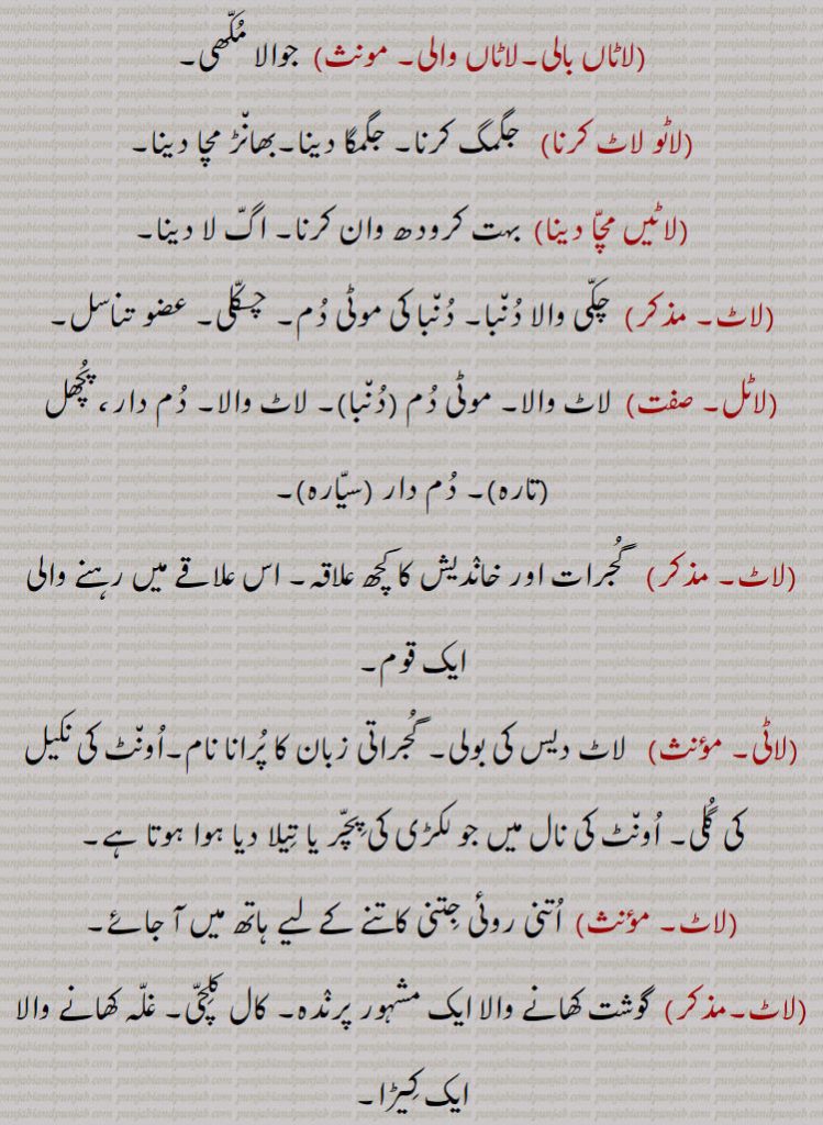,لاٹ صاحب, صوبہ کا سب سے بڑا حاکم۔ گورنر۔ گورنر جنرل۔  طنزاً بڑے عہدیدار یا صاحب اقتدار کے لیے بولتے ہیں,لاٹ صاحب۔ چھوٹا لاٹ,   لیفٹیننٹ گورنر,واڈا لاٹ۔ ملکی لاٹ, ہندوستان کے گورنر جنرل اور وائسرائے، عزت مآب لاٹ۔عامیانہ بولی (ناشایستہ) میں کھوکھلے،شیخی باز، خود پسند کو کہتے ہیں,جیسے ناڈھوخان,جنگی لاٹ, کمانڈر ان چیف,لاٹ صاحب دا دفتر,  سکریٹریٹ,لاٹ۔لاٹھ,  پتھر، لوہے یا اینٹوں کا اونچا ستون۔ کھمبا یا مینار جو بطور یادگار، نمائش یا علامت بنا ہوا ہو (جیسے اشوک کی لاٹ یا قطب کی لاٹ یا لاٹھ)۔ چکر کا مرکزی کیلا، محور، دھری، دھرا (جیسے چکی یا گھڑی وغیرہ کا محور)۔ کولھو کی لمبی موٹی لکڑی جس کے دباؤ سے تیل نکلتا ہے، کولھو کا لٹھا۔چونا چکی کے چاک کی بلی۔بنائی کے چرخے کی وہ لکڑی جس پر بنا ہوا کپڑا لپیٹا جاتا ہے۔