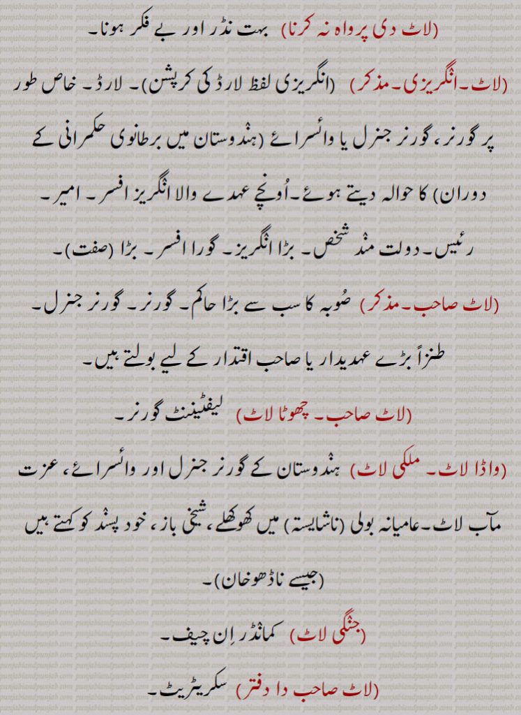 قفل کے اندر کا ایک پرزہ جس پر کنجی گھومتی یا گھمائی جاتی ہے اور جو آہنی میخ کی شکل قفل کے گھیر کے مرکز میں جڑا ہوتا ہے۔صابن کا ڈںڈا جس کو کاٹ کر چکٖیاں بناتے ہیں۔ توشک  (قدیم), چیزوں کا ڈھیر۔تھوک۔ گڈا۔گٹھا۔بنڈل۔
پانچ مربع زمین کا علاقہ۔ حصۂ جائیداد جو عام بیع کے لیے نامزد کیا جائے۔
(لاٹ بندی)   چیزوں کے انبار کو الگ الگ کر دینا۔ ایک جائیداد کواس طرح حصوں میں تقسیم کر دینا کہ اس کا ٹھیکہ یا نیلام کیا جا سکے، ہر حصہ دار کو الگ الگ حصہ مل سکے, پرانا۔ گھسا ہوا۔ میلا (کپڑا)۔