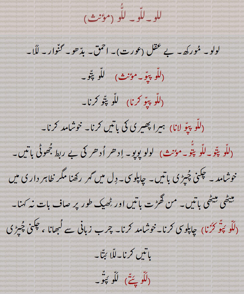 
للو,لولو۔ مورکھ۔ بے عقل  عورت ۔ احمق۔ بدھو۔ گنوار۔ للا,للو پپو,للو پتو,للو پپو کرنا,  للو پتو کرنا,للو پپو لانا, ہیرا پھیری کی باتیں کرنا۔ خوشامد کرنا,للو پتو۔للو پتو, لولو پوپو۔ ادھر ادھر کی بے ربط جھوٹی باتیں۔ خوشامد۔ چکنی چپڑی باتیں۔ چاپلوسی۔دل میں گہر رکھنا مگر ظاہرداری میں میٹھی میٹھی باتیں,من گھڑت باتیں اور ٹھیک طور پر صاف بات نہ کہنا,للو پتو کرنا,چاپلوسی کرنا۔خوشامد کرنا۔ چرب زبانی سے لبھانا ، چکنی چپڑی باتیں کرنا۔