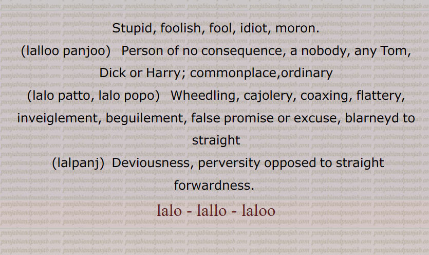 Stupid, foolish, fool, idiot, moron.,lalloo panjoo,   Person of no consequence, a nobody, any Tom, Dick or Harry; ,commonplace, ordinary,lalo patto, lalo popo,   Wheedling, cajolery, coaxing, flattery, inveiglement, beguilement, false promise or excuse, blarneyd to straight,lalpanj,  Deviousness, perversity opposed to straight forwardness. ,lalo - lallo - laloo,lallu - lallo - lalloo, , ਲੱਲੂ,lalloo panjoo,ਲੱਲੂ ਪੰਜੂ,lalpanj,lalo patto, lalo popo, ਲੱਲੋ ਪੱਤੋ ,ਲੱਲ ਪੋਪੋ,