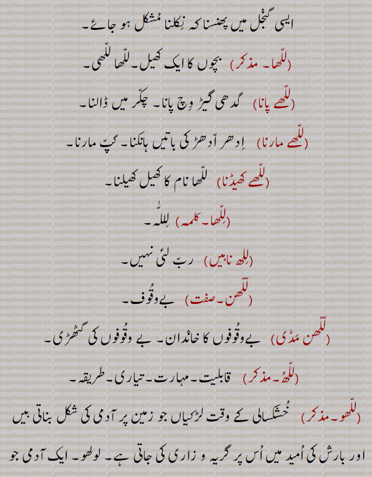,للھا,لللّٰہ,للھ ناہیں,  رب لئی نہیں,للھن, بےوقوف,للھن مڈی, بےوقوفوں کا خاندان۔ بے وقوفوں کی گٹھڑی,للھ,  قابلیت۔مہارت۔تیاری۔طریقہ,للھو,   خشکسالی کے وقت لڑکیاں جو زمین پر آدمی کی شکل بناتی ہیں اور بارش کی امید میں اس پر گریہ و زاری کی جاتی ہے۔ لولھو۔ ایک آدمی جو لڑکیاں زمین کے اوپر بنا کر پیٹتی ہیں تاکہ اس شگون سے بارش آ جائے,للھوراں,  لیلھوں سے۔ بہت زیادہ منھ کا پانی۔ لعاب دہن۔ رالیں,للھی,  ایک طرح کے فقیر جو دھجیاں پہنتے ہیں اور دکانوں یا گھروں کے آگے ناچتے  پھرتے ہیں۔ مورکھ آدمی۔ بدُھو شخص,للھاوڽ, آہستہ آہستہ چلنا,للھکڽ, منت ترلا کرن۔خوشامدیاں چاپلوسی کرنا۔