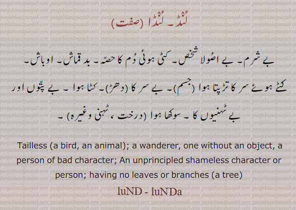 لنڈا ,لنڈ,lunda,ਲੁੰਡ,lund,بے شرم,سوکھا,ਲੁੰਡਾ, tailless bird. wandered. without an object. no leaves or branches. tree, بے اصولا شخص۔ کٹی دم کا حصہ۔ بد قماش۔ اوباش۔ بے سر دھڑ۔ کٹا ہوا۔ بے پتوں ، بے ٹہنی۔ 
