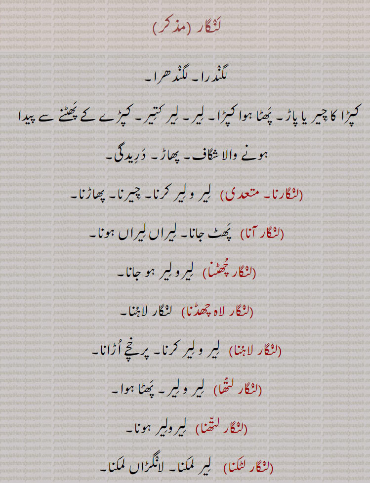 لنگار۔ لگندرا۔ لگندھرا۔ کپڑا کا چیر یا پاڑ۔ پھٹا ہوا کپڑا۔ لیر۔ لیر کتیر۔ شگاف پھاڑ۔ دریدگی۔ لنگارنا۔ چیرنا۔ پھاڑنا۔ لیر و لیر۔ لنگار آنا۔ پھٹ جانا۔ لیراں لیراں ہونا۔ لنگار چھٹنا۔ لیر  و لیر ہو جانا۔ لنگار لاہ چھڈنا۔ لنگار لاہنا۔ لنگار لتھا۔ پھٹا ہوا۔ لنگار لٹکنا۔ لیر لمکنا۔ لانگڑاں لمکنا۔ لنگار لٹکنا۔ لنگار لہنا۔ لنگار لہہ جانا۔ 