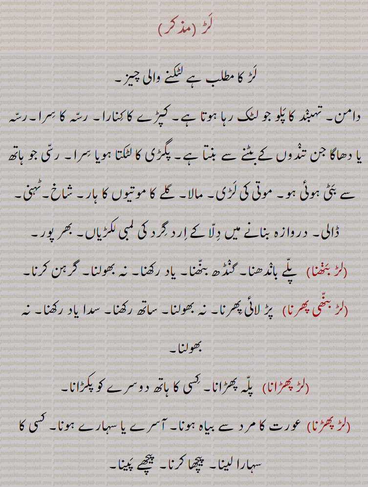 لڑ۔ لٹکنے والی چیز۔ دامن۔ تہمبند کا پلو۔ کپڑے کا کنارا۔ رسہ کا سرا۔ پگڑی کا لٹکتا سرا۔ موتی کی لڑی۔ مالا۔ شاخ۔ ٹہنی۔ ڈالی۔ بھر پور۔ لڑ بنھنا۔ پلے باندھنا۔ یاد رکھنا۔ گرہن کرنا۔لڑ بنھی پھرنا۔ ساتھ رکھنا نہ بھولنا۔ لڑ پھڑانا۔ پلہ پھڑانا۔ لڑ پھڑنا۔ عورت کا مرد سے بیاہ۔ آسرے یا سہارے ہونا۔ سہارا لینا۔ پیچھے پینا۔ 