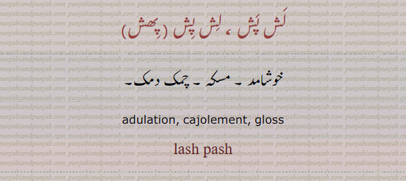 lash pash ,لش پش , پھش ,ਲਿਸ਼ ਪੁੱਸ਼, خوشامد۔ مسکہ۔ چمک دمک۔  adulation. cajolement. gloss. lash pash.