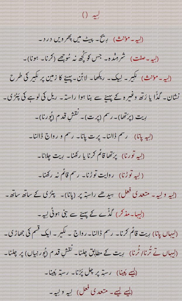 
لیہ  ,لیہ, ریح۔ پیٹ میں پھرویں درد, شرمندہ۔ جس کو کچھ نہ سوجھے (کرنا۔ ہونا),   لکیر۔ لیک۔ ریکھا۔ لائٖن۔پہیے کا زمین پر لکیر کی طرح نشان۔ گڈا یا رتھ وغیرہ کے پہیے سے بنا ہوا راستہ۔ ریل کی لوہے کی پٹڑی۔ ریت ,پرتھا,رسم ,پرت, نقش قدم (پورنا),لیہ پانا,  رسم ڈالنا۔ پرت پانا۔ رسم و رواج ڈالنا,لیہ تورنا, پرتھا قائم کرنا یا رکھنا۔ ریت چلانا، لیہ توڑنا،  روایت توڑنا۔ رسم قائم نہ رکھنا،لیہ و لیہ، سیدھے راستہ پر (پانا)۔   پٹڑی کے ساتھ ساتھ،لیہا۔،گڈے کے پہیے سے بنی ہوئی لیہ،لیہاں پانا، ریت قائم کرنا۔ رسم ڈالنا۔رواج ۔ لکیر۔ ایک قسم کی جھاڑی،لیہاں تے ترنا،لیہاں تے ٹرنا،  ریت کے مطابق چلنا۔ نقش قدم (پورنیاں) پر چلنا،لیہے پینا، رستہ پر چل پڑنا۔ رستہ پینا،لیہے  لیہے،   لیہ و لیہ۔
لیہ،  لئی کا جنگل۔ پنجاب کا ایک قصبہ جہاں لئی یعنی لئٖیاں کا جنگل ہے، جو ہوتے ہوتے تلفظ میں لیہ ہو گیا،لیہاں،  لیہ جھاڑی۔ جھاڑ دے بوٹے،لیہا،   لہا۔ لہیا۔ ریشم اور اون کے کپڑوں کو لگنے والا کیڑا (گرمی کے دنوں میں ) ۔ ایک کنڈیاری بوٹی جو کپڑوں کو چمٹ جاتی ہے۔،لیہا۔،  الیہا۔ لہ۔ لیندھڑا،لیہے کھادھا،   ایسا کپڑا جس کو لیہا  ( ایک کیڑا)  لگا ہوا ہو،لیہا،سسرا۔ اناج یا دانے کا کیڑا،لیہا لگنا،  سسرا لگنا۔