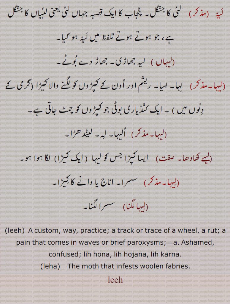 ,leeh, A custom, way, practice; a track or trace of a wheel, a rut; a pain that comes in waves or brief paroxysms, Ashamed, confused; lih hona, lih hojana, lih karna.,leha,  The moth that infests woolen fabries., leeh, ਲੇਹਾ, lih, ਲੀਹ,