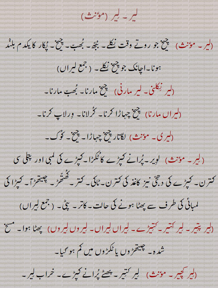 لیر۔ چیخ جو روتے ہوئے نکلے۔ ببھ۔ بھب۔ پکار۔ اچانک چیخ۔ چیخ مارنا۔ کرلانا۔ ورلاپ۔ کوک۔ چیخ چہاڑا۔ لویر۔ پرانے کپڑے کا ٹکڑا۔ پتلی کترن۔ دھجی۔ کاغذ کی کترن۔ ٹالی۔ کتر۔ کھتھڑ۔ چیتھڑا۔ لمبائی میں پھٹا۔ پھٹا۔ مسخ شدہ۔ لیر کتیر۔ خراب لیر۔ 
