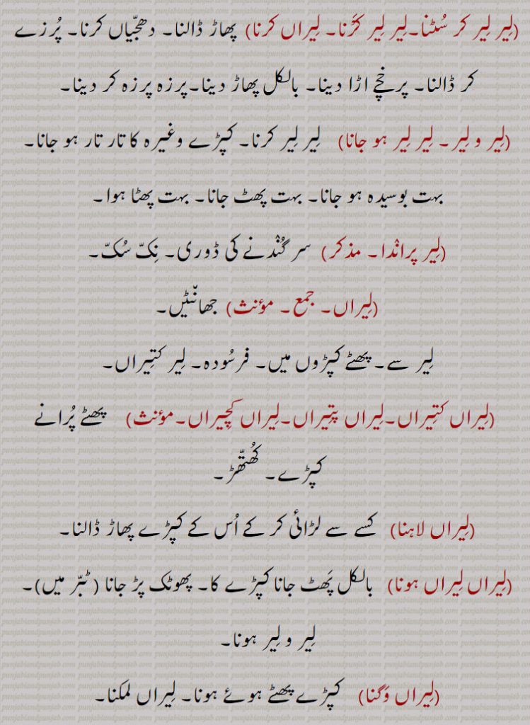 لیر لیر کر سٹنا۔ لیر لیر کرنا۔ لیراں کرنا۔ پھاڑ ڈالنا۔ دھجیاں کرنا۔ پرزے کر ڈالنا۔ پرخچے اڑا۔ پرزہ پرزہ۔ لیر و لیر۔ ہو جانا۔ تار تار ہونا۔ طوسیدہ۔ لیر پراندا۔ س گندنے کی صوری۔ نک سک۔ لیراں۔ جھانٹیں۔ فرسودہ۔ لیر کتیراں۔ لیراں کتیراں۔ لیراں پتیراں لیراں کچیراں لیراں لاہننا۔ لڑائی سے کپڑے پھاڑ ڈالنا۔ لیراں لیراں ہونا۔ پھوٹک پڑ جانا۔ لیر و لیر ہونا۔ لیراں وگنا۔ لیراں لمکنا۔