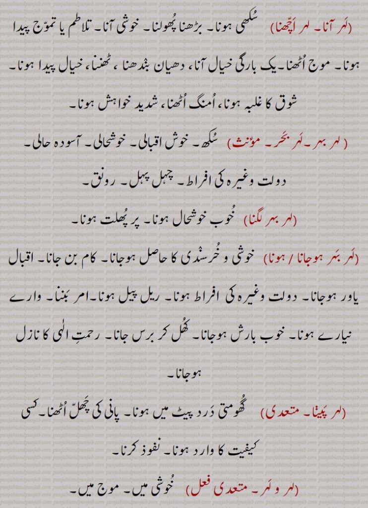 ,لہر اٹھنا,لہر آنا۔ لہر اچھنا, لہر بہر۔لہر بحر,لہر بہر لگنا,لہر بہر ہوجانا,لہر پیڽا,لہر و لہر,لہرا,لہراں مارنا,لہراں اٹھنا,لہراں گننا,لہراں لانا,لہراں لگنا,لہراں لگنا,لہراں نال گھلنا,لہراوَ جاونا,لہرانا,لہراوٹ,لہراؤ,لہرنا,لہرن,لہری,ہرے,لہرے لٹنا,لہرے لینا,لہریا,لہریا,لہریا بنانا,لہریئے دار,سکھی ہونا۔ تلاطم یا تموج۔ دھیان بندھنا۔ ٹھننا۔ امنگ اٹھنا۔ سدید خواہش۔ سکھ۔ خوشحالی۔ آسودہ ۔ چہل پہل۔ رونق۔ پرپُھلت ہونا۔ خرسندی۔ کام بن جانا۔ ریل پیل۔ امر بننا۔خوب بارش ہونا۔ گھومتی درد۔ پانی کی چھل ۔ نفوذ کرنا۔ 