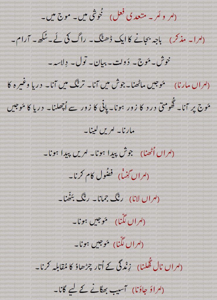  لہر اٹھنا,لہر آنا۔ لہر اچھنا, لہر بہر۔لہر بحر,لہر بہر لگنا,لہر بہر ہوجانا,لہر پیڽا,لہر و لہر,لہرا,لہراں مارنا,لہراں اٹھنا,لہراں گننا,لہراں لانا,لہراں لگنا,لہراں لگنا,لہراں نال گھلنا,لہراوَ جاونا,لہرانا,لہراوٹ,لہراؤ,لہرنا,لہرن,لہری,ہرے,لہرے لٹنا,لہرے لینا,لہریا,لہریا,لہریا بنانا,لہریئے دار, باجہ بجانے کا ڈھنگ۔ راگ کی لے۔ آرام۔ دولت۔ تول۔ دلاسہ۔ ترنگ میں ۔ پانی زور سے اچھلنا۔ لہریں لینا۔ ، فضول کام کرنا۔ رنگ جمانا۔ رنگ بنھنا۔موجیں ہونا۔ زندگی کے اتار چڑھاؤ کا مقابلہ کرنا۔ آسیب بھگانے کے لیے گانا۔
