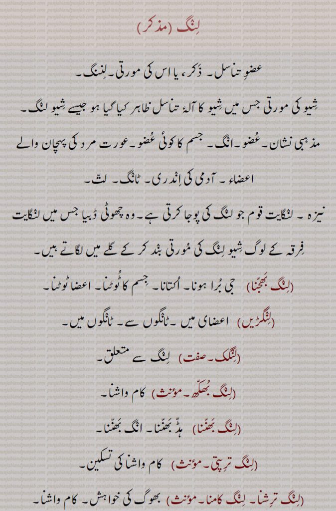 لنگ 
عضو تناسل۔ ذکر، یا اس کی مورتی۔لننگ۔
شیو کی مورتی جس میں شیو کا آلۂ تناسل ظاہر کیا گیا ہو جیسے شیو لنگ۔ مذہبی نشان۔عضو۔انگ۔ جسم کا کوئی عضو۔عورت مرد کی پہچان والے اعضاء۔ آدمی کی اندری۔ ٹانگ۔ لت,نیزہ ۔ لنگایت قوم جو لنگ کی پوجا کرتی ہے۔وہ چھوٹی ڈبیا جس میں لنگایت فرقہ کے لوگ شیو لنگ کی مورتی بند کر کے گلے میں لگاتے ہیں,لنگ بھجنا    جی برا ہونا۔ اکتانا۔ جسم کا ٹوٹنا۔ اعضا ٹوٹنا۔
لنگڑیں   اعضای میں ۔ٹانگوں سے۔ ٹانگوں میں,لنگک,  لنگ سے متعلق,لنگ بھکھ۔  کام واشنا,لنگ بھننا   ہڈ بھننا۔ انگ بھننا,لنگ ترپتی۔   کام واشنا کی تسکین,لنگ ترشنا۔ لنگ کامنا۔  بھوگ کی خواہش۔ کام واشنا۔
لنگ واد۔  لنگ سے متعلق ادبی پیداوار کی حالت,لنگ واشنا۔  کام کی بھوک۔ کام واشنا,لنگ تمک۔صفت   لنگ سے متعلق۔ لنگ بابت,لنگایت۔  ایک فرقہ جو شیو جی کا اپاشک ہے۔