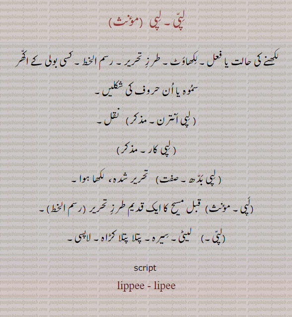  لپی,lippi,lipi,خط, ਲਿਪੀ, ਲਿਪੀਅੰਤਰਨ, ਲਿਪੀਕਾਰ, ਲਿਪੀਬੱਧ,lipi , lippi. lipee. lippee.
لپی۔ لکھنے کی حالت۔ طرز تحریر۔ رسم الخظ۔ بولی دے اکھر۔ سموہ۔ حروف کی چکلیں۔ لپی انترن۔ نقل۔ لپی کار۔ لپی بدھ۔ تحریر شدہ۔لکھا ہوا۔ لپی۔ قبل مسیح کا طرز تحریر۔ لیٹی۔ سیرہ۔ کڑاہ۔ لاپسی۔