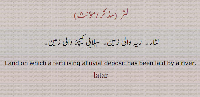 لتر، لٹار۔ ریہ والی زمین۔ سیلابی کیچڑ والی زمین۔
Land on which a fertilising alluvial deposit has been laid by a river., latar,ਲਤ੍ 