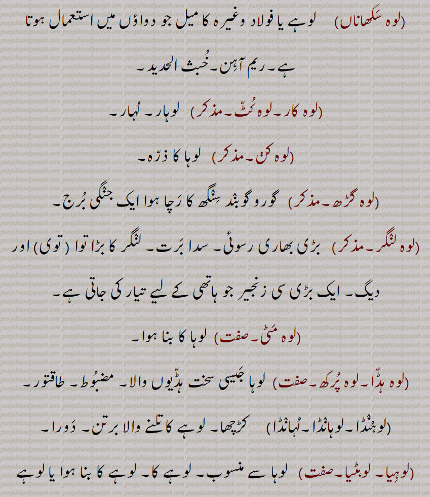  لوہا کا ذرہ,لوہ گڑھ,  گورو گوبند سنگھ کا رچا ہوا ایک جنگی برج۔
,لوہ لنگر,  بڑی بھاری رسوئی۔ سدا برت۔ لنگر کا بڑا توا , توی, اور دیگ۔ ایک بڑی سی زنجیر جو ہاتھی کے لیے تیار کی جاتی ہے,لوہ مٹی۔صفت,  لوہا کا بنا ہوا, ,لوہ ہڈا۔لوہ پرکھ۔صفت,  لوہا جیسی سخت ہڈیوں والا۔ مضبوط۔ طاقتور۔
,لوہنڈا۔لوہانڈا۔لہانڈا,     کڑچھا۔ لوہے کا تلنے والا برتن۔ دورا۔
,لوہیا۔ لوہٹیا۔صفت,   لوہا سے منسوب۔ لوہے کا۔ لوہے کا بنا ہوا یا لوہے کے رنگ کا۔لوہے کی بنی ہوئی چیزیں بیچنے والا۔ آہن فروش۔