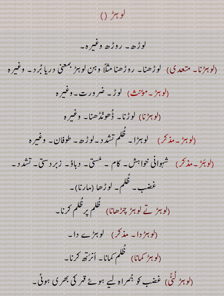 لوہڑ ,,لوڑھ۔ روڑھ وغیرہ,لوہڑنا۔    لوڑھنا۔ روڑھنا مثلاً وہن لوہڑ بمعنی دریا برد۔ وغیرہ,لوہڑ۔   لوڑ۔ ضرورت۔وغیرہ,لوہڑنا,  لوڑنا۔ ڈھونڈھنا۔ وغیرہ,لوہڑ۔     لوہڑا۔ ظلم تشدد۔لوڑھ۔ طوفان۔ وغیرہ,لوہڑ۔    شہوانی خواہش۔ کام ۔ مستی۔ دباؤ۔ زبردستی۔ تشدد۔ غضب۔ ظلم۔ لوڑھا (مارنا),لوہڑ تے لوہڑ چڑھانا,   ظلم پرظلم کرنا,لوہڑدا۔     لوہڑے دا,لوہڑ کمانا)   ظلم کمانا۔ انرتھ کرنا,لوہڑ لٹی,  غضب کو ہمراہ لیے ہوئے قہر کی بھری ہوئی۔
 لوہڑا۔   چھوٹا۔ خورد۔ بچہ۔ طفل۔ نکا بال۔
,لوہڑا۔    لاڑا۔ دلہا۔لوہڑا۔  لوڑھا۔ باڑ۔ جنگلا۔ وغیرہ
لوہڑا۔    لہڑا۔ لوڑھ۔ طغیانی وغیرہ۔ زیادتی۔ بہتات۔ بہلتا۔ قہر۔ غضب۔ 