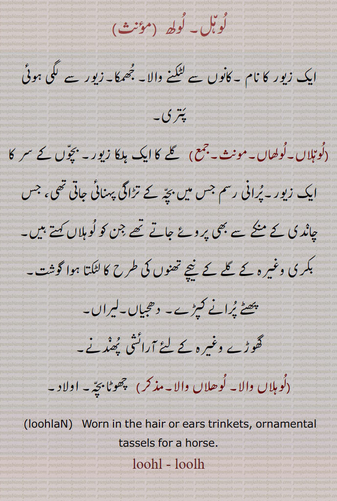 ,ਲੂਹਲ, ਲੂਹਲਾਂ , loohlan, لوہلاں والا لوہلاں,لولھاں,لوھلاں والا
لوہل۔ لولھ ,ایک زیور کا نام ۔کانوں سے لٹکنے والا۔ جھمکا۔زیور سے  لگی ہوئی پتری,لوہلاں۔لولھاں,  گلے کا ایک ہلکا زیور۔ بچوں کے سر کا ایک زیور۔پرانی رسم جس میں بچہ کے تڑاگی پہنائی جاتی تھی، جس چاندی کے منکے سے بھی پروئے جاتے تھے جن کو لوہلاں کہتے ہیں۔
بکری وغیرہ کے گلے کے  نیچے تھنوں کی طرح کا لٹکتا ہوا گوشت۔
پھٹے پرانے کپڑے۔ دھجیاں۔لیراں۔
گھوڑے وغیرہ کے لئے آرائشی  پھندنے,لوہلاں والا۔ لوھلاں والا,  چھوٹا بچہ۔ اولاد,loohlaN,  Worn in the hair or ears trinkets, ornamental tassels for a horse., loohl - loolh, luhl - lulh، luhlan,