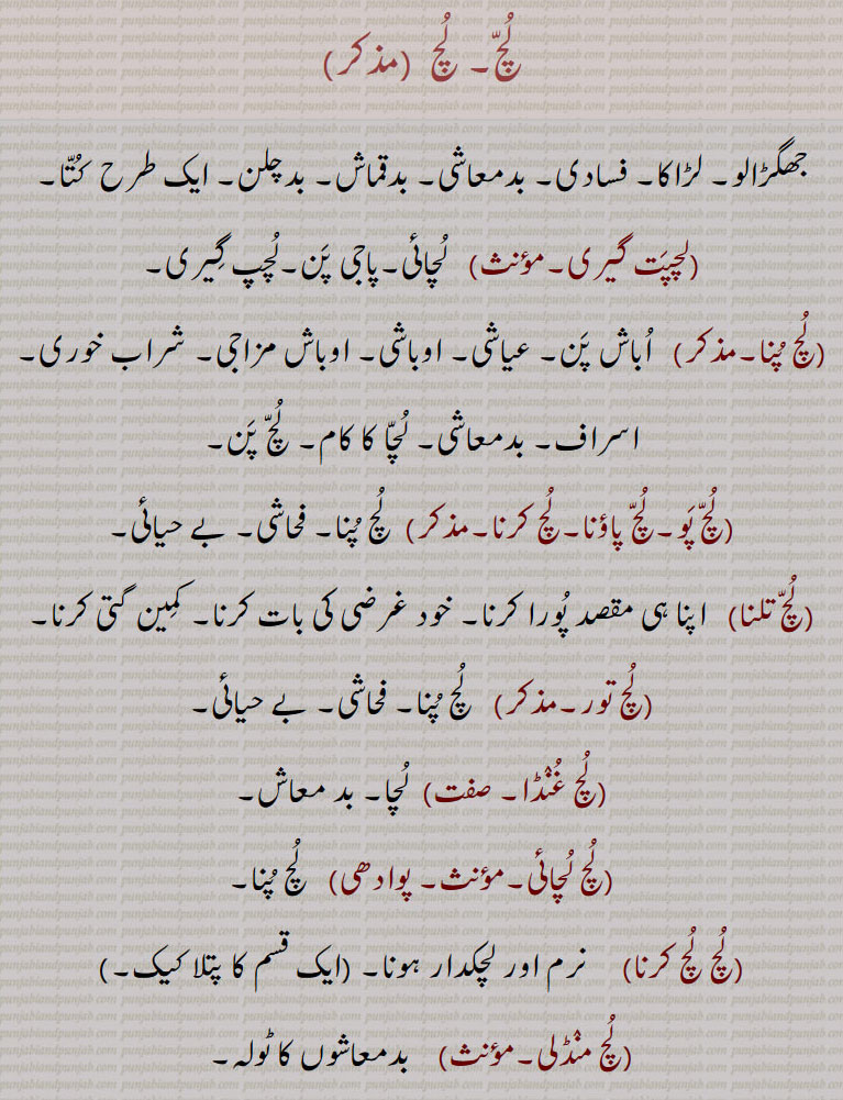 لچ۔ لچ  ,جھگڑالو۔ لڑاکا۔ فسادی۔ بدمعاشی۔ بدقماش۔ بدچلن۔ ایک طرح  کتا,لچپت گیری,  لچائی۔پاجی پن۔لچپ گیری,لچ پنا,  اباش پن۔ عیاشی۔ اوباشی۔ اوباش مزاجی۔ شراب خوری۔ اسراف۔ بدمعاشی۔ لچا کا کام۔ لچ پن,لچ پو۔لچ پاؤنا۔لچ کرنا, لچ پنا۔ فحاشی۔ بے حیائی,لچ تلنا,  اپنا ہی مقصد پورا کرنا۔ خود غرضی کی بات کرنا۔ کمین گتی کرنا,لچ تور, لچ پنا۔ فحاشی۔ بے حیائی,لچ غنڈا, لچا۔ بد معاش,لچ لچائی,  لچ پنا,لچ لچ کرنا,   نرم اور لچکدار ہونا۔,لچ منڈلی,  بدمعاشوں کا ٹولہ,لچ وائیں, لچ پنا۔ فحاشی۔ بے حیائی,لچا,  لچ ۔ بدمعاش۔ غنڈا۔ ویلدار۔ بد چلن۔ وبھچاری۔ شرارتی۔ آوارہ۔ لفنگا۔ اوباش۔ لڑاکا,لچا پنا,کمینہ پن, لچا بزار, کنجرٖیوں کا بازار۔ چکلہ,لچا چار جہان دا۔ لچا سارے جہان دا,  بہت لچا,لچا لفنگا,بدمعاش۔ غنڈا لچا,لچا لنڈا,  لچا لفنگا۔