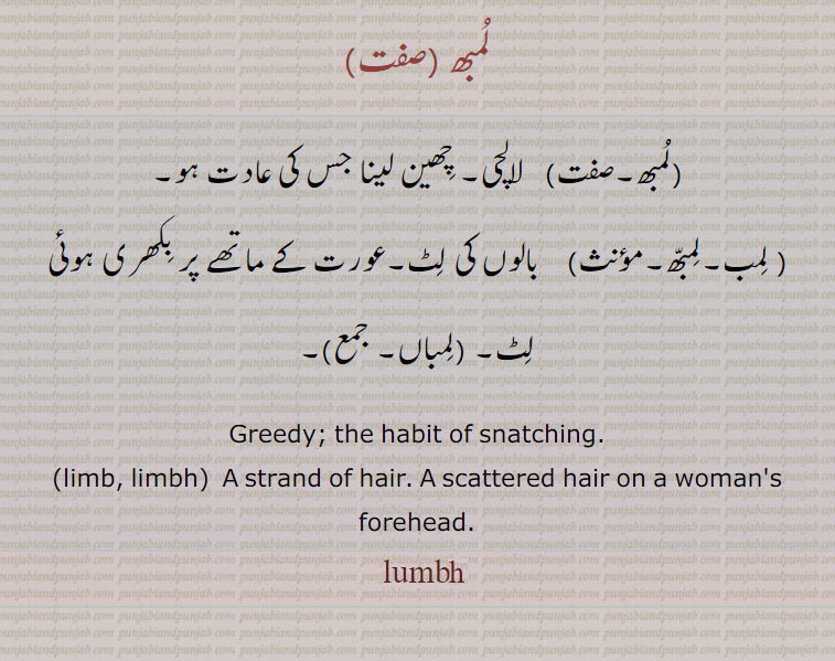 لمبھ ,  لالچی۔ چھین لینا جس کی عادت ہو, لمب۔لمبھ,  بالوں کی لٹ۔عورت کے ماتھے پر بکھری ہوئی لٹ۔ ,لمباں,
Greedy; the habit of snatching.limb, limbh, A strand of hair. A scattered hair on a woman's forehead. lumb,,ਲਿਮਭ ,ਲੁਮਭ,ਲਿਮਬੱਹ , ਮਭ, ਲੰਬ, ਲਿਮਬੱਹ, linb,lunb, limb,lumb,
