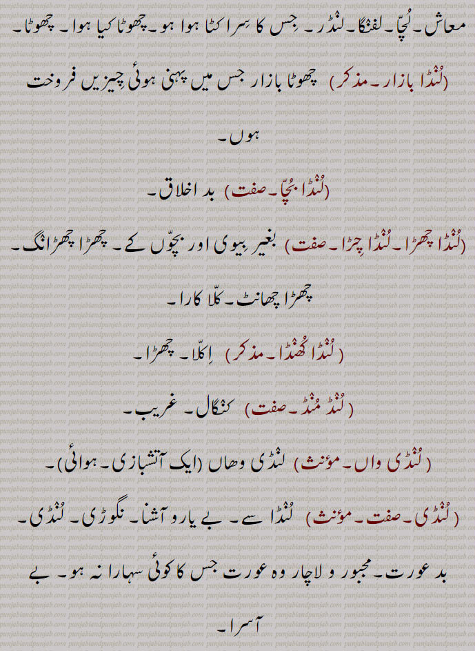  چھوٹا,لنڈا بازار, چھوٹا بازار جس میں پہنی ہوئی چیزیں فروخت ہوں,لنڈا بچا, بد اخلاق,لنڈا چھڑا۔لنڈا چڑا, بغیر بیوی اور بچوں کے۔ چھڑا چھڑانگ۔ چھڑا چھانٹ۔کلا کارا, لنڈا کھںڈا, اکلا۔ چھڑا, لنڈ منڈ,  کنگال۔ غریب, لنڈی واں,  لنڈی وھاں, لنڈی,   لنڈا سے۔ بے یارو آشنا۔ نگوڑی۔ لنڈی۔ بد عورت۔مجبور و لاچار وہ عورت جس کا کوئی سہارا نہ ہو۔ بے آسرا,ٹپہ، پنجابی لوک گیتوں کی ایک قسم جو ٹپہ کی طرح بہت قدیم ہے, لنڈی بچی, لنڈی بچی, بیوی کو طلاق لینے پر شرع کے مطابق جو رقم خاوند کو دینی پڑتی ہے۔خلع حاصل کرنے کی جو رقم خاوند کو ملے۔خلع کی ایک قسم, لنڈ کڑی, الٹ بازی۔ قلابازی,  نکما۔ ناقص۔ بے مصرف۔
