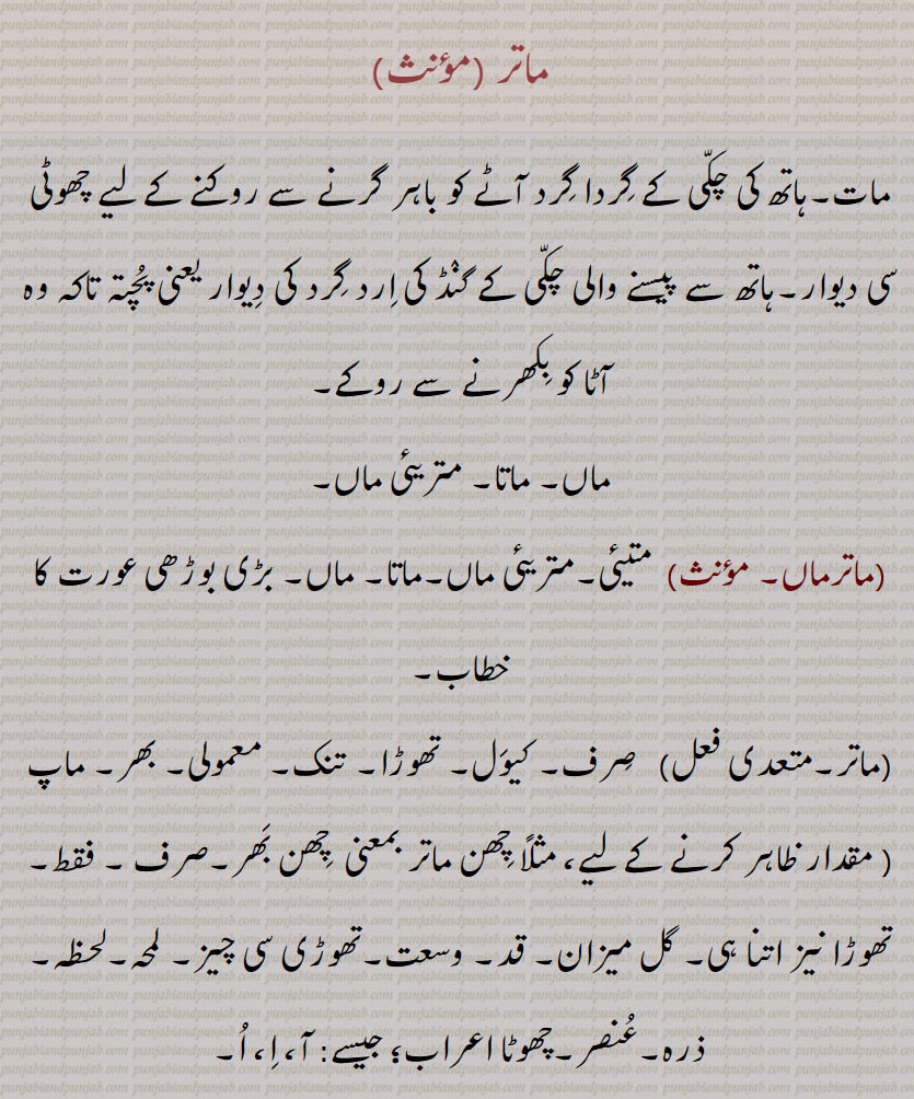 ماتر ,مات۔ہاتھ کی چکی کے گردا گرد آٹے کو باہر گرنے سے روکنے کے لیے چھوٹی سی دیوار۔ہاتھ سے پیسنے والی چکی کے گنڈ کی ارد گرد کی دیوار یعنی پچتہ تاکہ وہ آٹا کو بکھرنے سے روکے,ماں۔ ماتا۔ متریئی ماں,ماترماں,متیئی۔متریئی ماں۔ماتا۔ ماں۔ بڑی بوڑھی عورت کا خطاب,ماتر, صرف۔ کیول۔ تھوڑا۔ تنک۔ معمولی۔ بھر۔ ماپ  مقدار ظاہر کرنے کے لیے، مثلاً چھن ماتر بمعنی  چھن بھر۔صرف ۔ فقط۔ تھوڑا نیز اتنا ہی۔ گل میزان۔ قد۔ وسعت۔تھوڑی سی چیز۔ لمحہ۔لحظہ۔ذرہ۔عنصر۔چھوٹا اعراب؛ جیسے: آ، ا، ا,ماترا,  روال۔ رین۔ دوائی کی خوراک,ماترا بھر, تھوڑی مقدار میں ۔ ماتراک,ماتراک,  رتاک۔ بہت تھوڑا۔ ماترا بھر,ماتری, لگ ماتروں سے متعلق,ماتری بھاشا, ماں بولی, ماتری بھومی, جمن بھوں۔ جنم بھومی ، جائے پیدائش, ,ماترا۔
