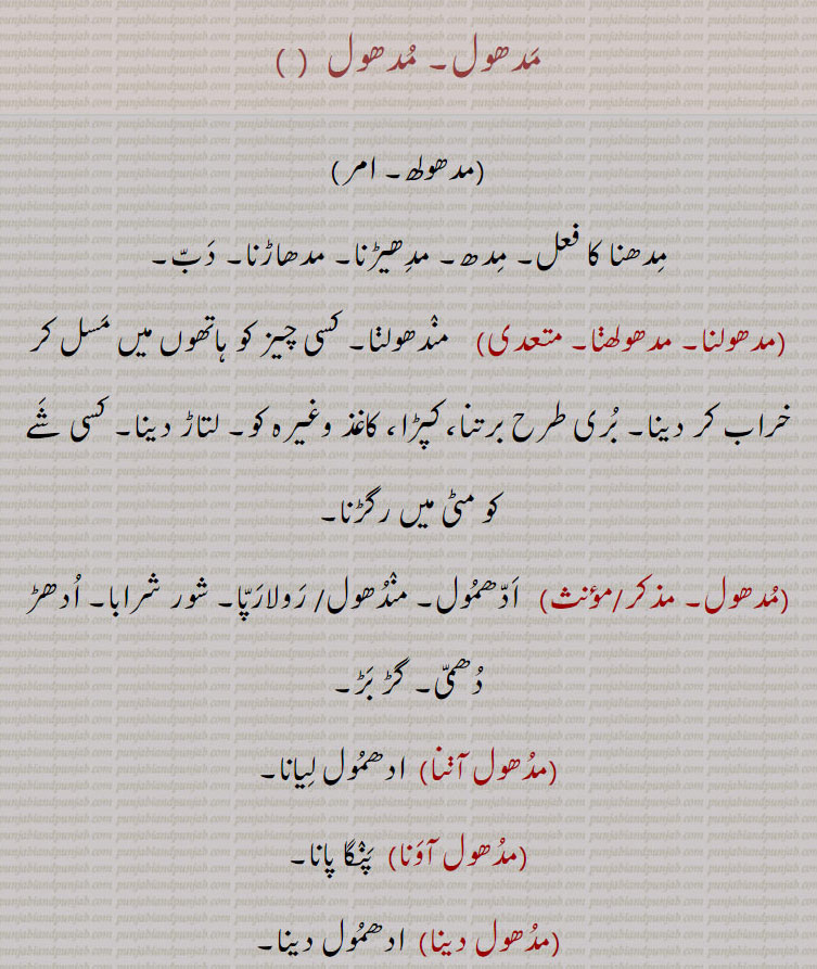 مدھول,مدھولھ,  مدھنا کا فعل۔ مدھ۔ مدھیڑنا۔ مدھاڑنا۔ دب مدھولنا۔ مدھولھنا, کسی چیز کو ہاتھوں میں مسل کر خراب کر دینا۔ بری طرح برتنا، کپڑا، کاغذ وغیرہ کو۔ لتاڑ دینا۔ کسی شے کو مٹی میں رگڑنا, ادھمول۔ مندھول/ رولارپا۔ شور شرابا۔ ادھڑ دھمی۔ گڑ بڑ,مدھول آننا,  ادھمول لیانا,مدھول آونا,  پنگا پانا,مدھول دینا, ادھمول دینا,مدھول مچانا, ادھمول پانا,مدھولی,  ادھمول مچانے والا۔ شرارتی,  مدھولا,  مدولا۔ پرانے کمبل یا گوڈڑی کو کہتے ہیں۔استعاراً  پرانا، دیرینہ، ہڈیوں میں رچا ہوا دکھ وغیرہ۔