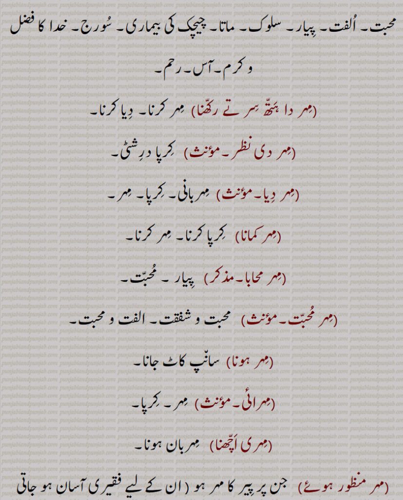  دیا۔ ترس۔ بخشش۔ محبت۔ الفت۔ پیار۔ سلوک۔ ماتا۔ چیچک کی بیماری۔ سورج۔ خدا کا فضل و کرم۔آس۔رحم,مہر دا ہتھ سر تے رکھنا, مہر کرنا۔ دیا کرنا,مہر دی نظر,کرپا درشٹی,مہر دیا,مہربانی۔ کرپا۔ مہر,مہر کمانا, کرپا کرنا۔ مہر کرنا,مہر محابا,  پیار ۔ محبت,مہر محبت,  محبت و شفقت۔ الفت و محبت,مہر ہونا,  سانپ کاٹ جانا,مہرائی, مہر۔ کرپا,مہری اچھنا,  مہربان ہونا,مہر منظور ہوئے,جن پر پیر کا مہر ہو ,مہربان, مہر کرنے والا/ والی۔ کرپالو۔ دیالو۔ رحم دل۔ دوست۔ سجن۔ مہروان۔ مل ورتن والا۔ پیار کرنے والا,مہر مت۔مہرنمت۔مہرحمت,  مہر۔ ترس۔ دیا,مہربان, بابا پرتھی چند کا بیٹا جس کی جنم ساکھی مشہور ہے,مہربان,  مہربان۔مہر کرنے والا۔