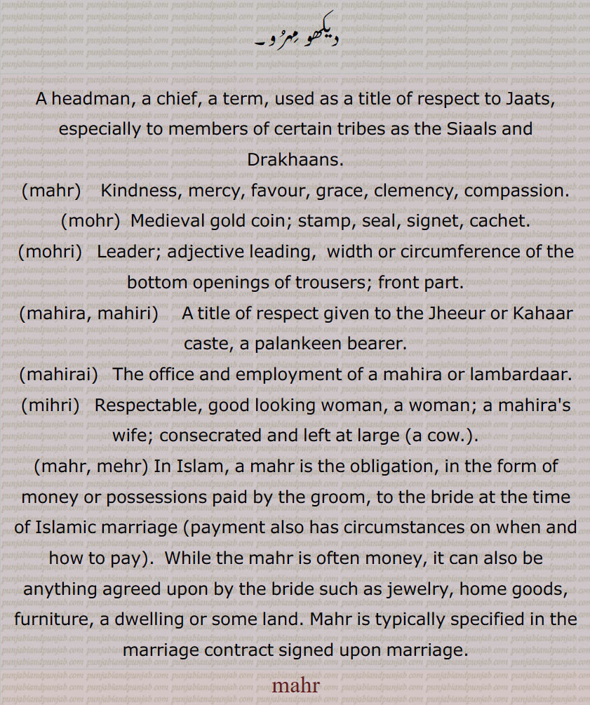 A headman, a chief, a term, used as a title of respect to Jaats, especially to members of certain tribes as the Siaals and Drakhaans.,mahr,   Kindness, mercy, favour, grace, clemency, compassion.,mohr,  Medieval gold coin; stamp, seal, signet, cachet.,mohri,   Leader; adjective leading,  width or circumference of the bottom openings of trousers; front part.,mahira, mahiri,     A title of respect given to the Jheeur or Kahaar caste, a palankeen bearer.,mahirai,   The office and employment of a mahira or lambardaar.,mihri,   Respectable, good looking woman, a woman; a mahira's wife; consecrated and left at large (a cow.).,mahr, mehr, In Islam, a mahr is the obligation, in the form of money or possessions paid by the groom, to the bride at the time of Islamic marriage (payment also has circumstances on when and how to pay).  While the mahr is often money, it can also be anything agreed upon by the bride such as jewelry, home goods, furniture, a dwelling or some land. Mahr is typically specified in the marriage contract signed upon marriage.,mahr,  mahr, mohr, mohri, mahira, mahiri, mahirai, mihri, mahr, mehr, ਮਹਰ,  ਮੋਹਰ , ਮੋਹਰੀ, ਮੋਹਰ , ਮੋਹਰੀ, ਮਹਿਰਾ, ਮਹਰੀ, ਮਹਿਰਾਈ, ਮਿਹਰੀ, ਮਹਰ,