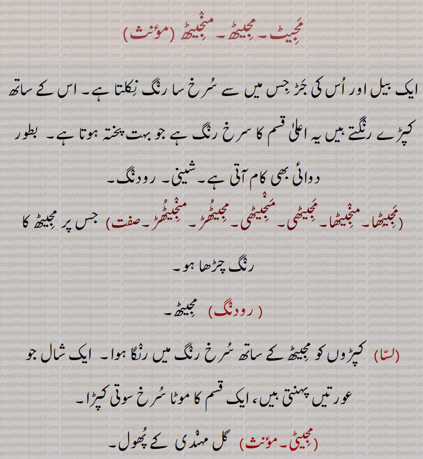 مجیٹ۔مجیٹھ۔منجیٹھ ,ایک بیل اور اس کی جڑ جس میں سے سرخ سا رنگ نکلتا ہے۔ اس کے ساتھ کپڑے رنگتے ہیں یہ اعلیٰ قسم کا سرخ رنگ ہے جو بہت پختہ ہوتا ہے۔  بطور دوائی بھی کام آتی ہے۔شینی۔ رودنگ,مجیٹھا۔منجیٹھا۔مجیٹھی۔منجیٹھی۔مجیٹھڑ۔منجیٹھڑ, جس پر مجیٹھ کا رنگ چڑھا ہو,رودنگ, مجیٹھ,لسا, کپڑوں کو مجیٹھ کے ساتھ سرخ رنگ میں رنگا ہوا۔  ایک شال جو عورتیں پہنتی ہیں، ایک قسم کا موٹا سرخ سوتی کپڑا,مجیٹی,گل مہندی  کے پھول۔