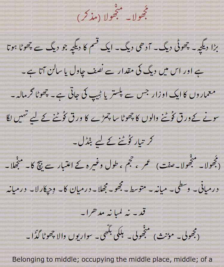 
مجھولا, منجھولا,بڑا دیگچہ۔ چھوٹی دیگ۔ آدھی دیگ۔ ایک قسم کا دیگچہ جو دیگ سے چھوٹا ہوتا ہے اور اس میں دیگ کی مقدار سے نصف چاول یا سالن آتا ہے۔
معماروں کا ایک اوزار جس سے پلستر یا ٹیپ کی جاتی ہے۔ چھوٹا گرمالہ۔
سونے کےورق کوٹنے والوں کا چھوٹا سا چمڑے کا ورق کوٹنے کے لیے تہیں لگا کر تیار کوٹنے کے لیے بنڈل,مجھولا۔ منجھولا, عمر ، حجم ، طول وغیرہ کے اعتبار سے بیچ کا۔ منجھلا۔ درمیانی۔ وسطی۔ میانہ۔ متوسط۔مجھو۔مجھلا۔درمیان کا۔ وچکارلا۔ درمیانہ قد۔ نہ لمبا نہ مدھرا,مجھولی,منجھولی۔ ہلکی بگھی۔ سواریوں والا چھوٹا گڈا۔
