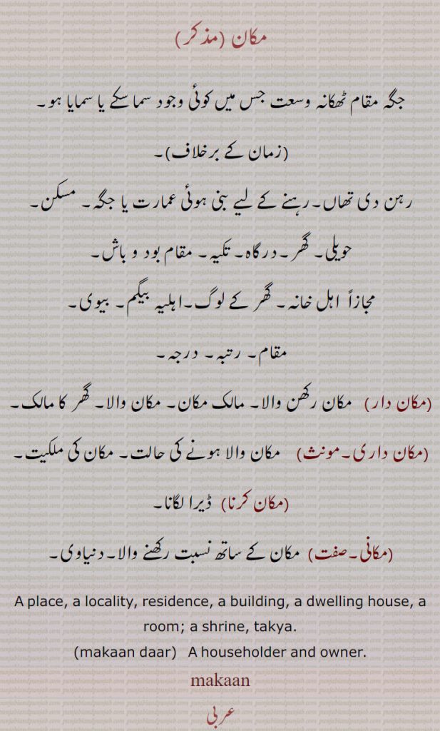 مکان ,جگہ مقام ٹھکانہ وسعت جس میں کوئی وجود سما سکے یا سمایا ہو,رہن دی تھاں۔رہنے کے لیے بنی ہوئی عمارت یا جگہ۔ مسکن۔ حویلی۔ گھر۔درگاہ۔ تکیہ۔ مقام بود و باش,مجازاً  اہل خانہ۔ گھر کے لوگ۔اہلیہ بیگم۔ بیوی۔
مقام۔ رتبہ۔ درجہ,مکان دار,  مکان رکھن والا۔ مالک مکان۔ مکان والا۔ گھر کا مالک,مکان داری, مکان والا ہونے کی حالت۔ مکان کی ملکیت, ڈیرا لگانا,مکانی, مکان کے ساتھ نسبت رکھنے والا۔دنیاوی۔
A place, a locality, residence, a building, a dwelling house, a room; a shrine, takya.,makaan daar,   A householder and owner.
makaan, ਮਕਾਨ  , 