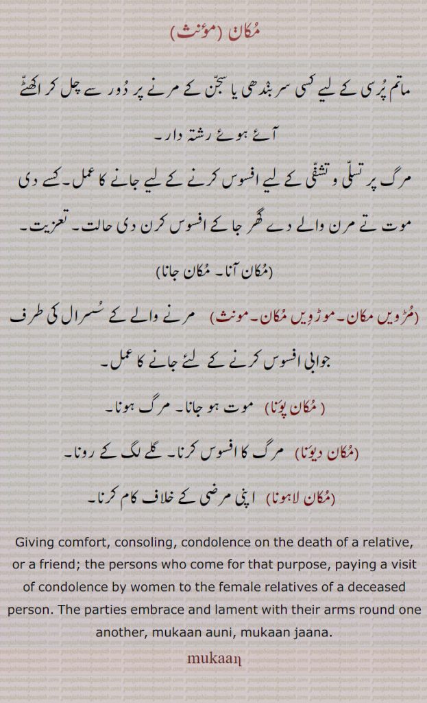 مکاڽ ,ماتم پرسی کے لیے کسی سربندھی یا سجن کے مرنے پر دور سے چل کر اکھٹے آئے ہوئے رشتہ دار,مرگ پر تسلی و تشفی کے لیے افسوس کرنے کے لیے جانے کا عمل۔کسے دی موت تے مرن والے دے گھر جا کے افسوس کرن دی حالت۔ تعزیت,مکان آنا, مکان جانا,
,مڑویں مکان۔موڑویں مکان, مرنے والے کے سسرال کی طرف جوابی افسوس کرنے کے  لئے جانے کا عمل, مکان پونا,  موت ہو جانا۔ مرگ ہونا,مکان دیونا,مرگ کا افسوس کرنا۔ گلے لگ کے رونا,مکان لاہونا, اپنی مرضی کے خلاف کام کرنا۔
Giving comfort, consoling, condolence on the death of a relative, or a friend; the persons who come for that purpose, paying a visit of condolence by women to the female relatives of a deceased person. The parties embrace and lament with their arms round one another, mukaan auni, mukaan jaana., mukaan,  mukaan ,  ਮੁਕਾਣ