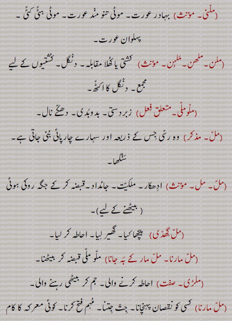 ,ملنی, بہادر عورت۔ موٹی تنو مند عورت۔ موٹی ہٹی کٹی ۔ پہلوان عورت,ملن۔ملھن۔ملہن۔  ,  کشتی یا کھلا مقابلہ۔ دنگل۔ کشتیوں کے لیے مجمع۔ دنگل کا اکٹًھ,ملوملی, زبردستی۔ بدوبدی۔ دھکے نال, ,مل, وہ رسی جس کے ذریعہ اور سہارے چارپائی بنی جاتی ہے۔ سنگھا, ادھکار۔ ملکیت۔ جائداد۔قبضہ کر کے جگہ روکی ہوئی , بیٹھنے کے لیے,مل گھدی,  پیچھا کیا۔ گھیر لیا۔ احاطہ کر لیا,مل مارنا۔ مل مار کے بہ جانا, ملو ملی قبضہ کر بیٹھنا,ملڑی, احاطہ کرنے والی۔ جم کر بیٹھی رہنے والی,مل مارنا, کسی کو نقصان پہنچانا۔ جت جتنا۔ مہم فتح کرنا۔ کوئی معرکہ کا کام کرنا۔