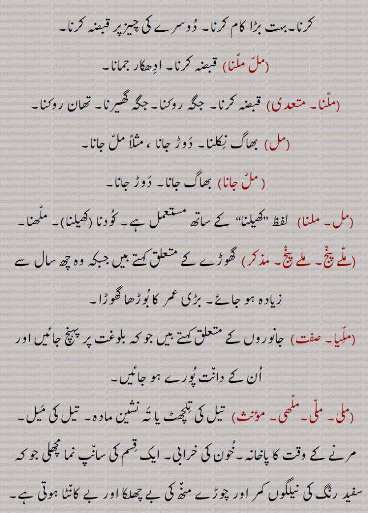 بہت بڑا کام کرنا۔ دوسرے کی چیزپر قبضہ کرنا,مل ملنا,قبضہ کرنا۔ ادھکار جمانا,ملنا,  قبضہ کرنا۔ جگہ روکنا۔جگہ گھیرنا۔ تھان روکنا,مل,  بھاگ نکلنا,دوڑ جانا ، مثلاً مل جانا,مل جانا,  بھاگ جانا۔ دوڑ جانا,مل۔ ملنا,  لفظ ”کھیلنا“  کے ساتھ مستعمل ہے, ملھنا,ملے پنج۔ ملے پنج, گھوڑے کے متعلق کہتے ہیں جبکہ وہ چھ سال سے زیادہ ہو جائے۔ بڑی عمر کا بوڑھا گھوڑا,ملیا, جانوروں کے متعلق کہتے ہیں جو کہ بلوغت پر پہنچ جائیں اور ان کے دانت پورے ہو جائیں۔
,ملی,ملھی, تیل کی تلچھٹ یا تہ نشین مادہ۔ تیل کی میل۔ مرنے کے وقت کا پاخانہ۔خون کی خرابی۔ ایک قسم کی سانپ نما مچھلی جو کہ سفید رنگ کی نیلگوں کمر اور چوڑے منھ کی بے چھلکا اور بے کانٹا ہوتی ہے۔,Wallago attu)۔
