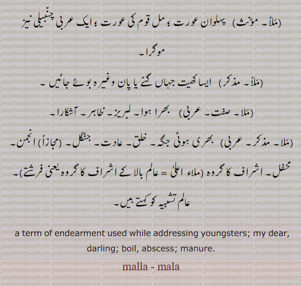 ਮੱਲਾ,ਮਲਾ, a term of endearment used while addressing youngsters. my dear. darling. boil. abscess. manure. malla. mala