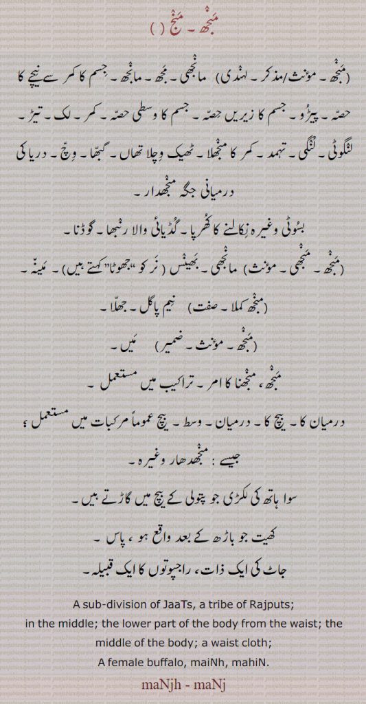 منجھ۔ منج,  مانجھی۔ مجھ۔ مانجھ۔ جسم کا کمر سے نیچے کا حصہ۔ پیڑو۔ جسم کا زیریں حصہ۔ جسم کا وسطی حصہ۔ کمر۔ لک۔ تیڑ۔ لنگوٹی۔ لنگی۔ تہمد۔ کمر کا منجھلا۔ ٹھیک وچلا تھاں۔ گبھا۔ وچ۔ دریا کی درمیانی جگہ منجھدار۔
بسوٹی وغیرہ نکالنے کا کھرپا۔ گڈیائی والا رنبھا۔ گوڈنا,منجھ۔ منجھی,مانجھی۔ بھینس ,نر کو “جھوٹا” کہتے ہیں,  مینہ,منجھ کملا,  نیم پاگل۔ جھلا,منجھ,میں,منجھ، منجھنا کا امر,درمیان کا۔  بیچ کا۔ درمیان۔ وسط۔  بیچ ,سوا ہاتھ کی لکڑی جو پتولی کے بیچ میں راجپوت قبیلہ کا۔جٹ کی ایک ذات۔گاڑتے ہیں,کھیت جو باڑھ کے بعد واقع ہو ، پاس ۔
A sub-division of JaaTs, a tribe of Rajputs;,in the middle; the lower part of the body from the waist; the middle of the body; a waist cloth;,A female buffalo, maiNh, mahiN.,maNjh , maNj, ਮੰਜ, ਮਿੰਝ