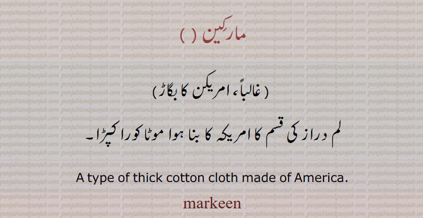 
مارکِین لم دراز کی قسم کا امریکہ کا بنا ہوا موٹا کورا کپڑا۔
A type of thick cotton cloth made of America. ਮਾਰਕੀਨ,
markeen