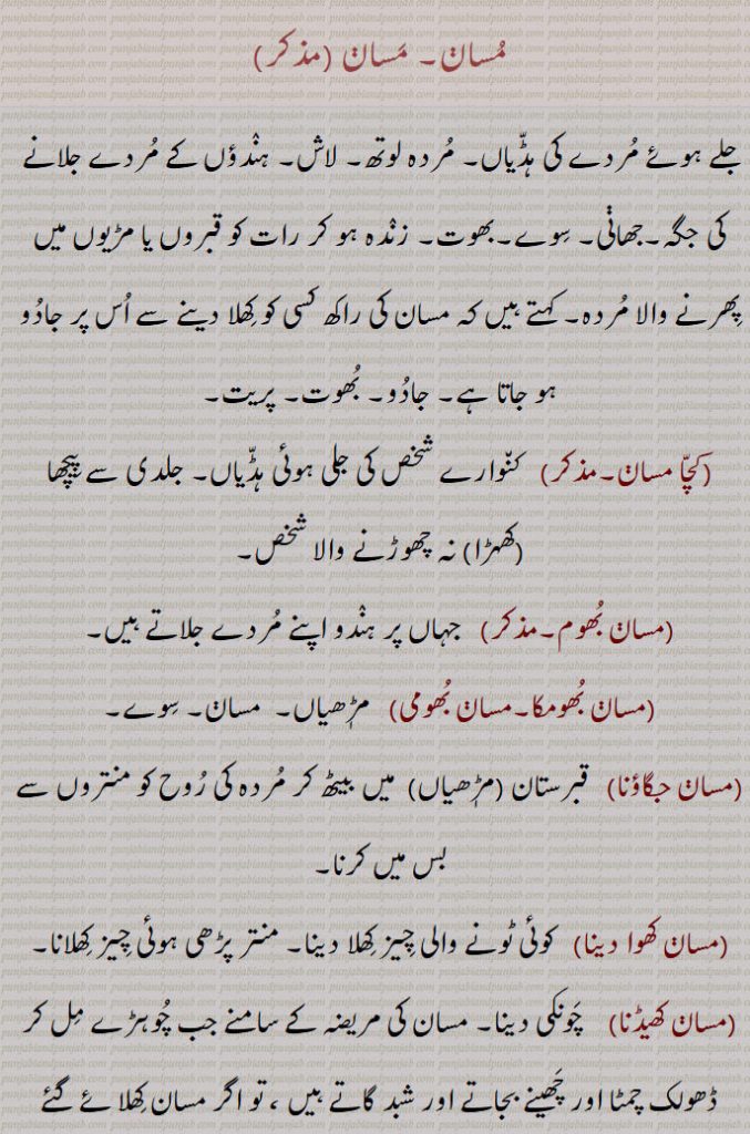 مسان۔ مسان ، جلے ہوئے مردے کی ہڈیاں۔ مردہ لوتھ۔ لاش۔ ہندؤں کے مردے جلانے کی جگہ۔جھانی۔ سوے۔بھوت۔ زندہ ہو کر رات کو قبروں یا مڑیوں میں پھرنے والا مردہ۔ کہتے ہیں کہ مسان کی راکھ کسی کو کھلا دینے سے اس پر جادو ہو جاتا ہے۔ جادو۔ بھوت۔ پریت,کچا مسان,  کنوارے شخص کی جلی ہوئی ہڈیاں۔ جلدی سے پیچھا (کھہڑا) نہ چھوڑنے والا شخص,مسان بھوم,  جہاں پر ہندو اپنے مردے جلاتے ہیں,مسان بھومکا۔مسان بھومی,   مڑھیاں۔  مسان۔ سوے,مسان جگاؤنا,  قبرستان,مڑھیاں, میں بیٹھ کر مردہ کی روح کو منتروں سے بس میں کرنا,مسان کھوا دینا, کوئی ٹونے والی چیز کھلا دینا۔ منتر پڑھی ہوئی چیز کھلانا,مسان کھیڈنا, چونکی دینا۔ مسان کی مریضہ کے سامنے جب چوہڑے مل کر ڈھولک چمٹا اور چھینے بجاتے اور شبد گاتے ہیں ، تو اگر مسان کھلائے گئے ہوں تو اس پر وجد طاری ہو جاتا ہے اور بال بکھیر کر حال کھیلنے لگ جاتی ہے، یہ سلسلہ کئی دن جاری رکھا جاتا ہے۔