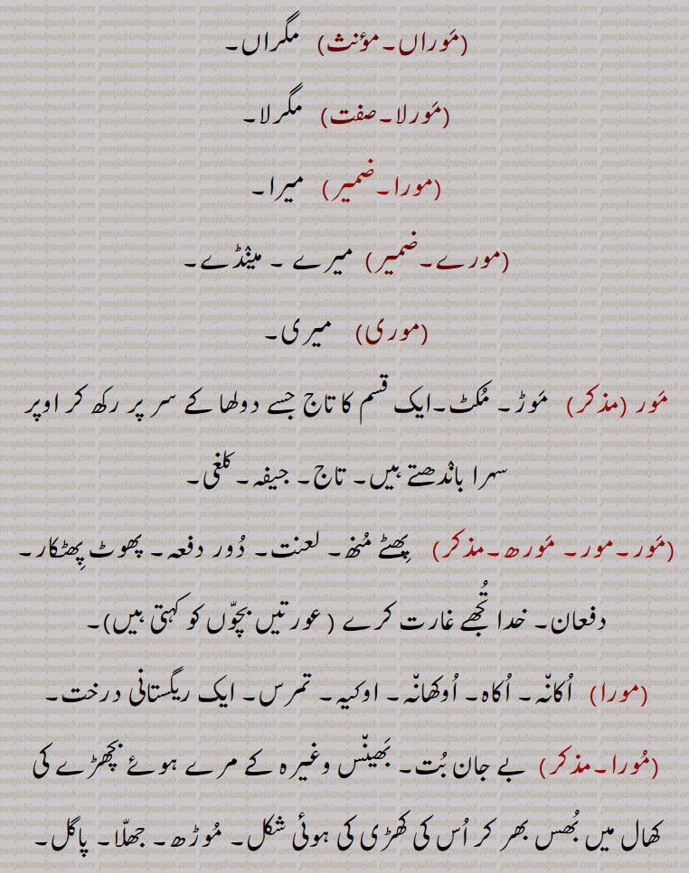 موراں,  مگراں,مورلا,  مگرلا,مورا, میرا,مورے, میرے ۔ مینڈے,موری, میری,  موڑ۔ مکٹ۔ایک قسم کا تاج جسے دولھا کے سر پر رکھ کر اوپر سہرا باندھتے ہیں۔ تاج۔ جیفہ۔کلغی, مورھ,    پھٹے منھ۔ لعنت۔ دور دفعہ۔ پھوٹ پھٹکار۔ دفعان۔ خدا تجھے غارت کرے ( عورتیں بچوں کو کہتی ہیں),مورا,  اکانہ۔ اکاہ۔ اوکھانہ۔ اوکیہ۔ تمرس۔ ایک ریگستانی درخت,مورا,بے جان بت۔ بھینس وغیرہ کے مرے ہوئے بچھڑے کی کھال میں بھس بھر کر اس کی کھڑی کی ہوئی شکل۔ موڑھ۔ جھلا۔ پاگل۔