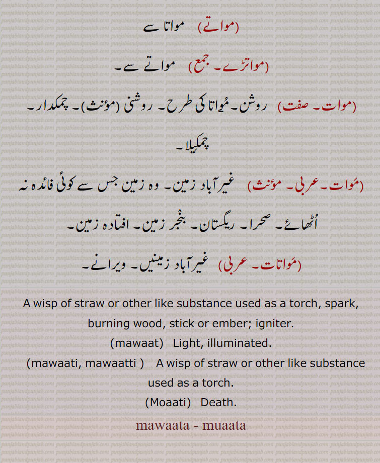 مواتی,مواتے,مواتڑے, مواتے سے,موات, روشن۔مواتا کی طرح۔ روشنی,چمکدار۔ چمکیلا,موات, غیرآباد زمین۔ وہ زمین جس سے کوئی فائدہ نہ اٹھائے۔ صحرا,ریگستان۔ بنجر زمین۔ افتادہ زمین,مواتات,  غیرآباد زمینیں۔ ویرانے۔
A wisp of straw or other like substance used as a torch, spark, burning wood, stick or ember; igniter. mawaat,  Light, illuminated.,mawaati, mawaatti ,   A wisp of straw or other like substance used as a torch.,Moaati,   Death.
mawaata - muaata ,mawaata, muaata ,ਮਵਾਤਾ, ਮੁਆਤਾ, muaatta, mawaat, ਮਵਾਤ, ਮਵਾੱਤਾ mawaatta, mawaati, ਮਵਾਤੀ, ਮਵਾੱਤੀ