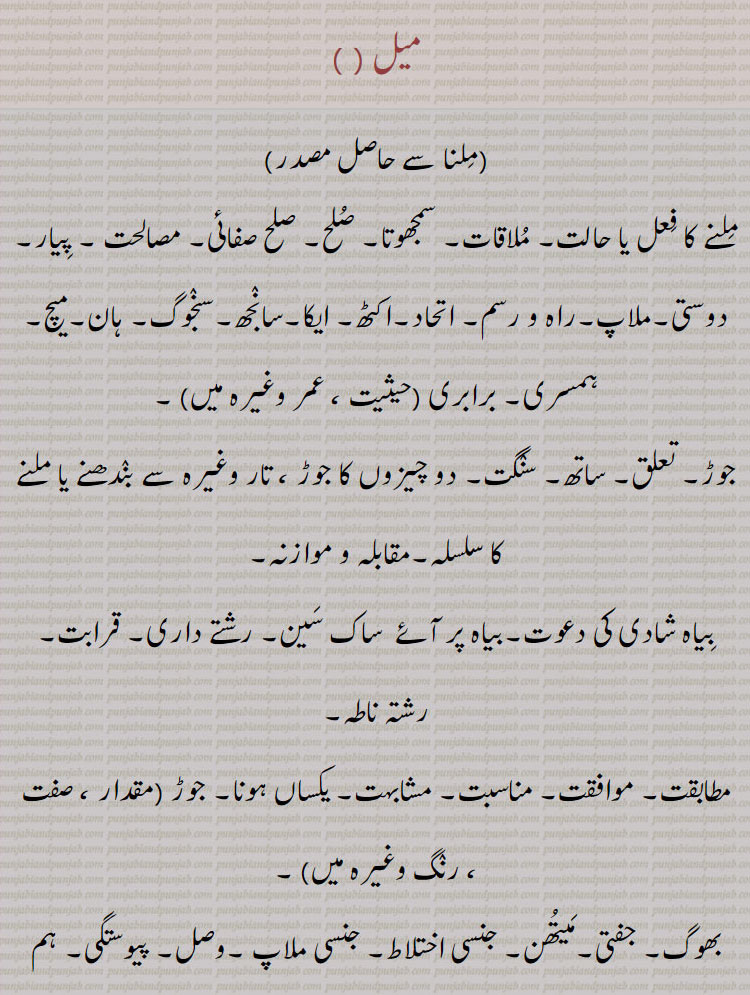 
میل ,ملنا سے حاصل مصدر,ملنے کا فعل یا حالت۔ ملاقات۔ سمجھوتا۔ صلح۔ صلح صفائی۔ مصالحت ۔ پیار۔دوستی۔ملاپ۔راہ و رسم۔ اتحاد۔اکٹھ۔ ایکا۔سانجھ۔سنجوگ۔ ہان۔میچ۔ہمسری۔ برابری, جوڑ۔ تعلق۔ ساتھ۔ سنگت۔ دو چیزوں کا جوڑ ، تار وغیرہ سے بندھنے یا ملنے کا سلسلہ۔مقابلہ و موازنہ۔
بیاہ شادی کی دعوت۔بیاہ پر آئے  ساک سین۔ رشتے داری۔ قرابت۔ رشتہ ناطہ,مطابقت۔ موافقت۔ مناسبت۔ مشابہت۔ یکساں ہونا۔ جوڑ ,بھوگ۔ جفتی۔میتھن۔ جنسی اختلاط۔ جنسی ملاپ ۔وصل۔ پیوستگی۔ ہم بستری ۔