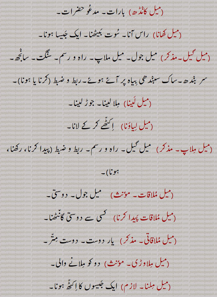 میل کانڈھ, بارات۔ مدعو حضرات,میل کھانا,  راس آنا۔ سوت بیٹھنا۔ ایک جیسا ہونا,میل گیل,  میل جول۔ میل ملاپ۔ راہ و رسم۔ سنگت۔ سانجھ۔ سر بندھ۔ساک سبندھی بیاہ پر آئے ہوئے۔ربط و ضبط ,میل لینا,ملا لینا۔ جوڑ لینا,میل لیاونا,  اکٹھے کر کے لانا,میل ملاپ,  میل گیل۔ راہ و رسم۔ ربط و ضبط,میل ملاقات, میل جول۔ دوستی,میل ملاقات پیدا کرنا,کسی سے دوستی گانٹھنا,میل ملاقاتی,  یار دوست۔ دوست متر,میل ملاوڑی, دو کو ملانے والی,میل ملنا,  ایک جیسوں کا اکٹھ ہونا,میلا, میلنا سے۔