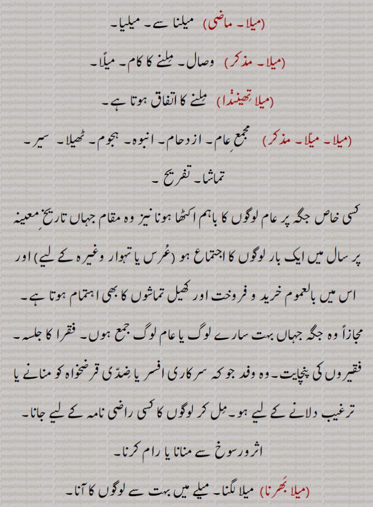  میلیا,میلا,وصال۔ ملنے کا کام۔ میلًا,میلا تھیندا,  ملنے کا اتفاق ہوتا ہے,میلا۔, مجمع عام۔ ازدحام۔ انبوہ۔ ہجوم۔ ٹھیلا۔  سیر۔ تماشا۔ تفریح,کسی خاص جگہ پر عام لوگوں کا باہم اکٹھا ہونا نیز وہ مقام جہاں تاریخ معینہ پر سال میں ایک بار لوگوں کا اجتماع ہو ,اور اس میں بالعموم خرید و فروخت اور کھیل تماشوں کا بھی اہتمام ہوتا ہے۔ مجازاً وہ جگہ جہاں بہت سارے لوگ یا عام لوگ جمع ہوں۔ فقرا کا جلسہ۔ فقیروں کی پنچایت۔وہ وفد جو کہ سرکاری افسر یا ضدی قرضخواہ کو منانے یا ترغیب دلانے کے لیے ہو۔مل کر لوگوں کا کسی راضی نامہ کے لیے جانا۔ اثرورسوخ سے منانا یا رام کرنا,میلا بھرنا)  میلا لگنا۔ میلے میں بہت سے لوگوں کا آنا,میلا پانا,  سدادینا 