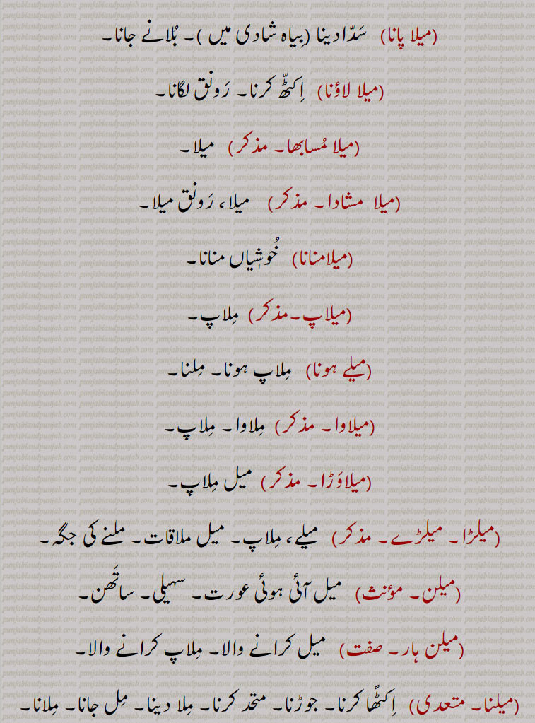 (بیاہ شادی میں )۔ بلانے جانا,میلا لاؤنا,  اکٹھ کرنا۔ رونق لگانا,میلا مسابھا, میلا,میلا  مشادا, میلا، رونق میلا,میلامنانا, خوشٖیاں منانا,میلاپ,ملاپ,میلے ہونا, ملاپ ہونا۔ ملنا,میلاوا,ملاوا۔ ملاپ,میلاوڑا, میل ملاپ,میلڑا۔ میلڑے,   میلے، ملاپ۔ میل ملاقات۔ ملنے کی جگہ,میلن, میل آئی ہوئی عورت۔ سہیلی۔ ساتھن,میلن ہار, میل کرانے والا۔ ملاپ کرانے والا,میلنا, اکٹًھا کرنا۔ جوڑنا۔ متحد کرنا۔ ملا دینا۔ مل جانا۔ ملانا۔ ایک دوسرے کی دوستی کرا دینا۔ ایک جگہ اکٹھا کرنا۔ میل کرنا۔ مقابلہ و موازنہ کرنا۔