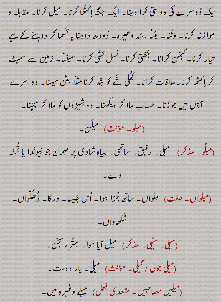  وٹنا۔ بٹنا رسہ وغیرہ۔ دودھ دوہنا یا کسما کر دوہنے کے لیے تیار کرنا۔گبھن کرانا۔ جفتی کرنا۔ نسل کشی کرنا۔سمیٹنا۔ زمین سے سمیٹ کر اکٹھا کرنا۔ملاقات کرانا۔ کھلی شے کو بند کرنا مثلاً بٹن میلنا۔ دو سرے آپس میں جوڑنا۔ حساب ملا کر دیکھنا۔ دو شیزوں کو ملا کر میچنا,میلو, میلن,میلو,  میلی۔ رفیق۔ ساتھی۔ بیاہ شادی پر مہمان جو نیوندا یا تحفہ دے,میلواں,ملواں۔ ساتھ جڑا ہوا۔ اس جیسا۔ ورگا۔ ڈھکواں۔ سکھاواں,میلی۔ ,  میل آیا ہوا۔ متر، سجن,میلی جولی ,میلی  گیلی,میلی۔ یار دوست,میلیں مصاحبیں,  میلے وغیرہ میں,میل, مائل۔ جھکاؤ۔ رغبت۔میلان۔ توجہ۔ خواہش۔آرزو,میل, میل گاڑی جو تیز ہوتی ہے ریلوے میں۔
ڈاک,میل بننا,  بڑی کاہلی میں تیز چلنا۔