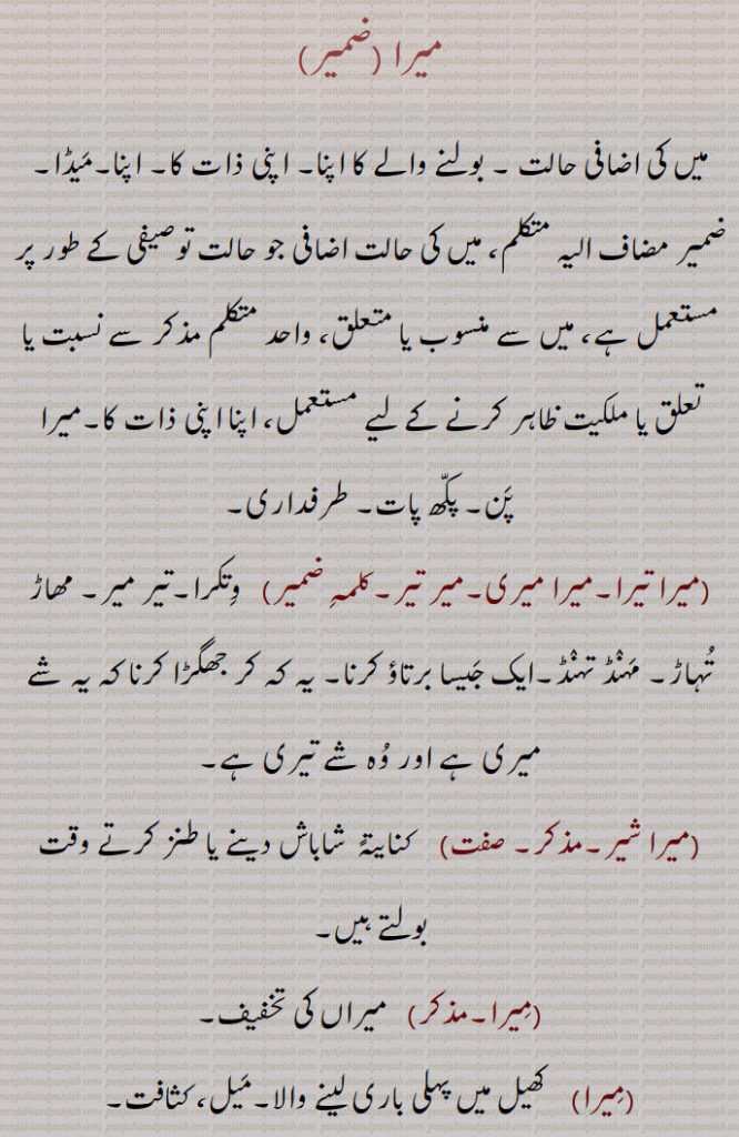 میرا  ضمیر, میں کی اضافی حالت ۔ بولنے والے کا اپنا۔ اپنی ذات کا۔ اپنا۔میڈا۔
ضمیر مضاف الیہ متکلم، میں کی حالت اضافی جو حالت توصیفی کے طور پر مستعمل ہے، میں سے منسوب یا متعلق، واحد متکلم مذکر سے نسبت یا تعلق یا ملکیت ظاہر کرنے کے لیے مستعمل، اپنا اپنی ذات کا۔میرا پن۔ پکھ پات۔ طرفداری, میرا تیرا۔میرا میری۔میر تیر۔کلمہ ضمیر, وتکرا۔تیر میر۔ مھاڑ تہاڑ۔ مہنڈ تہنڈ۔ایک جیسا برتاؤ کرنا۔ یہ کہ کر جھگڑا کرنا کہ یہ شے میری ہے اور وہ شے تیری ہے,میرا شیر,  کنایتہً  شاباش دینے یا طنز کرتے وقت بولتے ہیں,میرا, میراں کی تخفیف,میرا, کھیل میں پہلی باری لینے والا۔میل، کثافت,