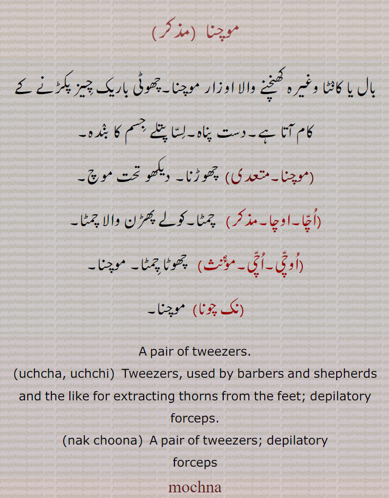 موچنا ,بال یا کانٹا وغیرہ کھنچنے والا اوزار موچنا۔چھوٹی باریک چیز پکڑنے کے کام آتا ہے۔دست پناہ۔لسا پتلے جسم کا بندہ,موچنا,  چھوڑنا۔ دیکھو تحت موچ,اچا۔اوچا, چمٹا۔کولے پھڑن والا چمٹا,اوچی۔اچی, چھوٹا چمٹا۔ موچنا,نک چونا, موچنا۔
A pair of tweezers., uchcha, uchchi, Tweezers, used by barbers and shepherds and the like for extracting thorns from the feet; depilatory forceps., nak choona,  A pair of tweezers; depilatory
forceps,,, uchcha, uchchi,  ਉੱਚਾ,ਉੱਚੀ, Tweezers,nak choona, ਨਕਚੂਨਾ,depilatory forceps,mochna,ਮੋਚਣਾ,  nak choona, ਨਕਚੂਨਾ, 
