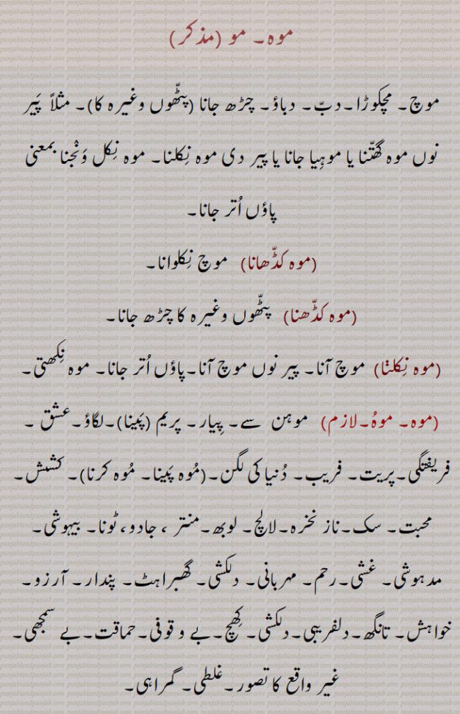 موہ۔ مو ,موچ۔ مچکوڑا۔دب۔ دباؤ۔ چڑھ جانا (پٹھوں وغیرہ کا)۔ مثلاً  پیر نوں موہ گھتنا یا موہیا جانا یا پیر دی موہ نکلنا۔ موہ نکل ونجنا بمعنی پاؤں اتر جانا,موہ کڈھانا, موچ نکلوانا,موہ کڈھنا, پٹھوں وغیرہ کا چڑھ جانا,موہ نکلنا,  موچ آنا۔ پیر نوں موچ آنا۔پاؤں اتر جانا۔ موہ نکھتی,موہ۔ موہ,موہن  سے۔ پیار۔ پریم ,پینا,۔لگاؤ۔عشق ۔فریفتگی۔پریت۔ فریب۔ دنیا کی لگن۔,موہ پینا۔ موہ کرنا ۔ کشش۔ محبت۔ سک۔ناز نخرہ۔لالچ۔ لوبھ۔منتر ، جادو، ٹونا۔ بیہوشی۔ مدہوشی۔ غشی۔رحم۔ مہربانی۔ دلکشی۔ گھبراہٹ۔ پندار۔ آرزو۔ خواہش۔ تانگھ۔دلفریبی۔دلکشی۔ کھچ۔بے و قوفی۔حماقت۔بے سمجھی۔ غیر واقع کا تصور۔غلطی۔ گمراہی,